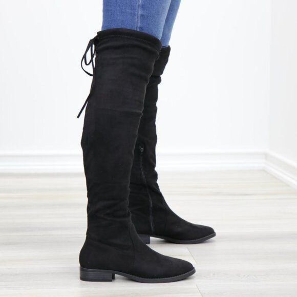 Black Suede Over the Knee Boots Low Heel Tie Back Detail - Picture 7 of 13